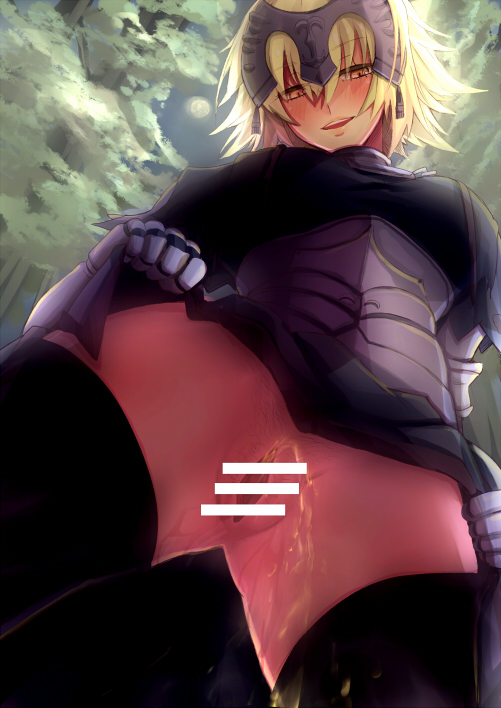 armor bad_id bad_pixiv_id bar_censor blonde_hair censored fate/grand_order fate_(series) from_below gauntlets headwear jeanne_d'arc_(alter)_(fate) jeanne_d'arc_(fate)_(all) open_mouth pee peeing pubic_hair pussy smile thighhighs yellow_eyes yude