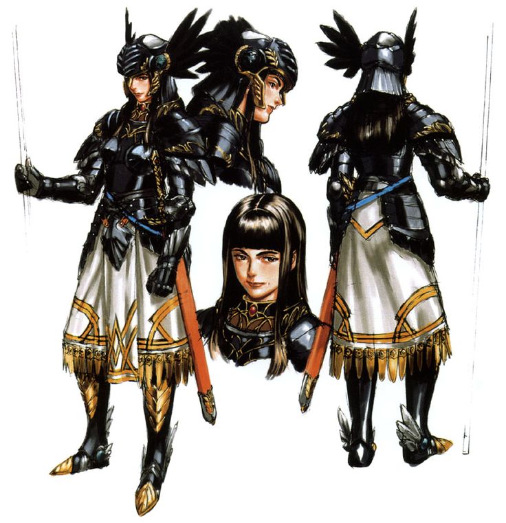 bangs black_armor black_feathers black_hair blunt_bangs boots breastplate breasts face from_behind helmet hrist_valkyrie lips long_hair medium_breasts mole mole_under_mouth multiple_views official_art polearm scabbard sheath short_hair shoulder_pads sidelocks skirt smile sword unsheathed valkyrie_profile weapon white_background yoshinari_you