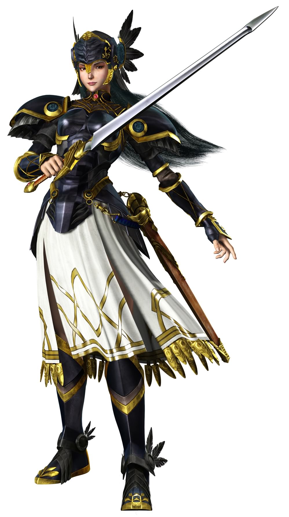 3d arm_guards black_armor black_feathers black_gloves black_hair braid breastplate breasts brown_eyes fingerless_gloves floating_hair gloves helmet highres holding holding_sword holding_weapon hrist_valkyrie long_hair looking_at_viewer medium_breasts official_art scabbard sheath shoulder_pads skirt solo sword unsheathed valkyrie_profile weapon white_background yoshinari_kou yoshinari_you