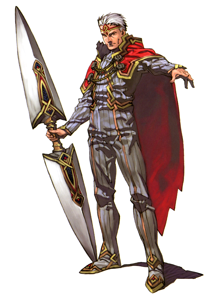 cape full_body grey_eyes gungnir_(weapon) headband huge_weapon long_sleeves looking_at_viewer male_focus odin_(valkyrie_profile) official_art outstretched_arm simple_background smile solo standing striped uniform valkyrie_profile vertical_stripes weapon white_background white_hair yoshinari_kou yoshinari_you