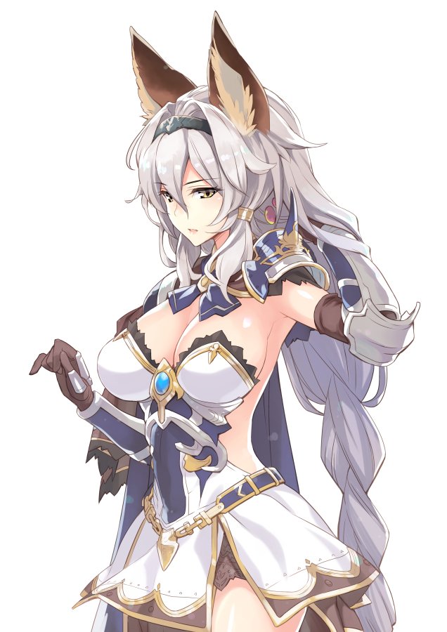 amano_yuu animal_ears armor braid breasts cat_ears erune gloves granblue_fantasy hairband heles large_breasts long_hair shoulder_pads silver_hair single_braid solo