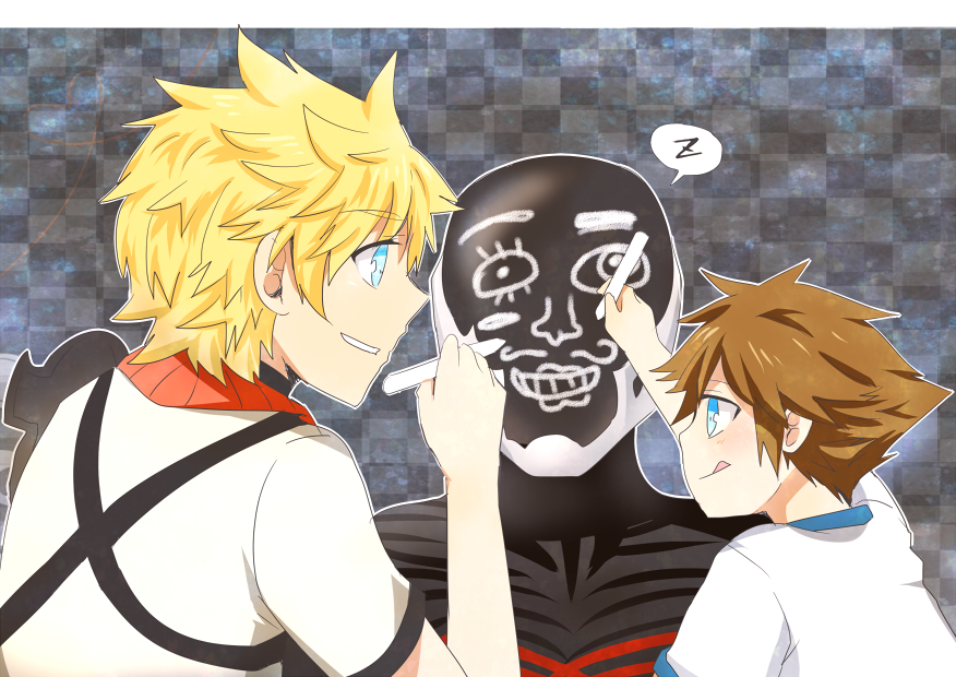 :q age_difference blonde_hair blue_eyes brown_hair child commentary face_painting helmet kingdom_hearts kingdom_hearts_birth_by_sleep male_focus meru multiple_boys sleeping sora_(kingdom_hearts) tongue tongue_out vanitas ventus zzz