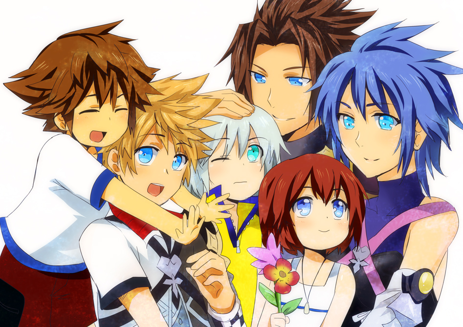 4boys age_difference aqua_(kingdom_hearts) aqua_eyes blonde_hair blue_eyes blue_hair brown_hair child closed_eyes commentary flower hand_on_another's_head jewelry kairi_(kingdom_hearts) kingdom_hearts kingdom_hearts_birth_by_sleep looking_at_another meru multiple_boys multiple_girls necklace one_eye_closed open_mouth red_hair riku simple_background smile sora_(kingdom_hearts) terra_(kingdom_hearts) ventus white_background white_hair wristband