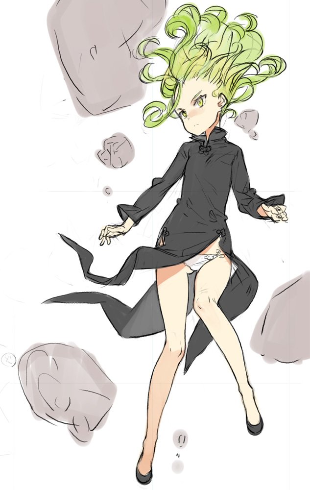 black_dress dated dress dress_lift green_hair one-punch_man ooyari_ashito panties solo tatsumaki telekinesis underwear white_panties yellow_eyes