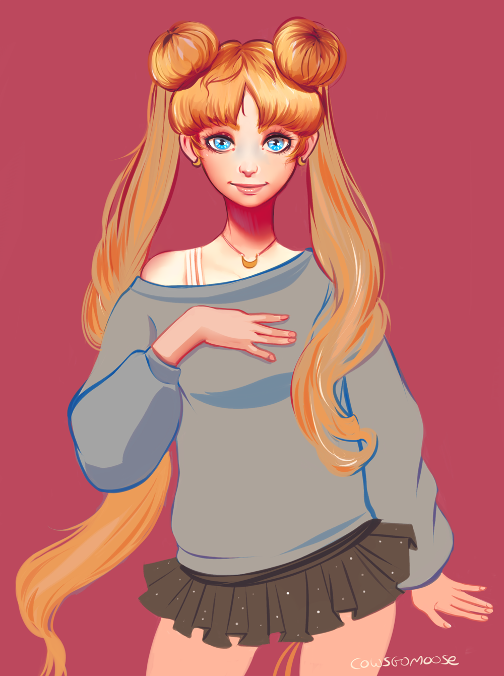 amber_harris artist_name bad_id bad_tumblr_id bishoujo_senshi_sailor_moon blonde_hair blue_eyes cowboy_shot crescent double_bun earrings highres jewelry long_hair long_neck miniskirt nail_polish off-shoulder_sweater pendant pink_nails pleated_skirt signature skirt smile solo sweater tsukino_usagi twintails very_long_hair