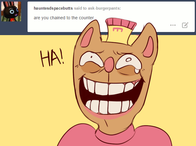 ! animated ask-burgerpants burgerpants cat clothing crying english_text feline hat laugh mammal open_mouth shirt solo tears teeth text tumblr undertale video_games