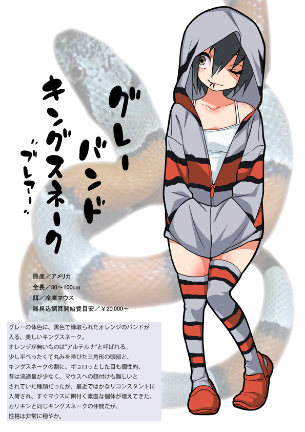 ;p animal bare_shoulders blush forked_tongue full_body grey_legwear gujira hair_between_eyes hands_in_pockets hood hoodie loafers one_eye_closed partially_translated partially_unzipped personification scales shoes sleeveless snake solo tank_top thighhighs tongue tongue_out translation_request undershirt zettai_ryouiki zipper