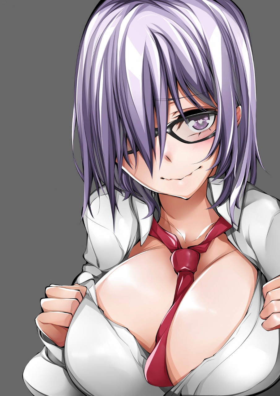 baron_suzuki breasts cleavage fate/grand_order fate_(series) glasses grey_background hair_over_one_eye heart heart-shaped_pupils highres large_breasts mash_kyrielight open_clothes open_shirt purple_hair shirt short_hair simple_background solo symbol-shaped_pupils wavy_mouth