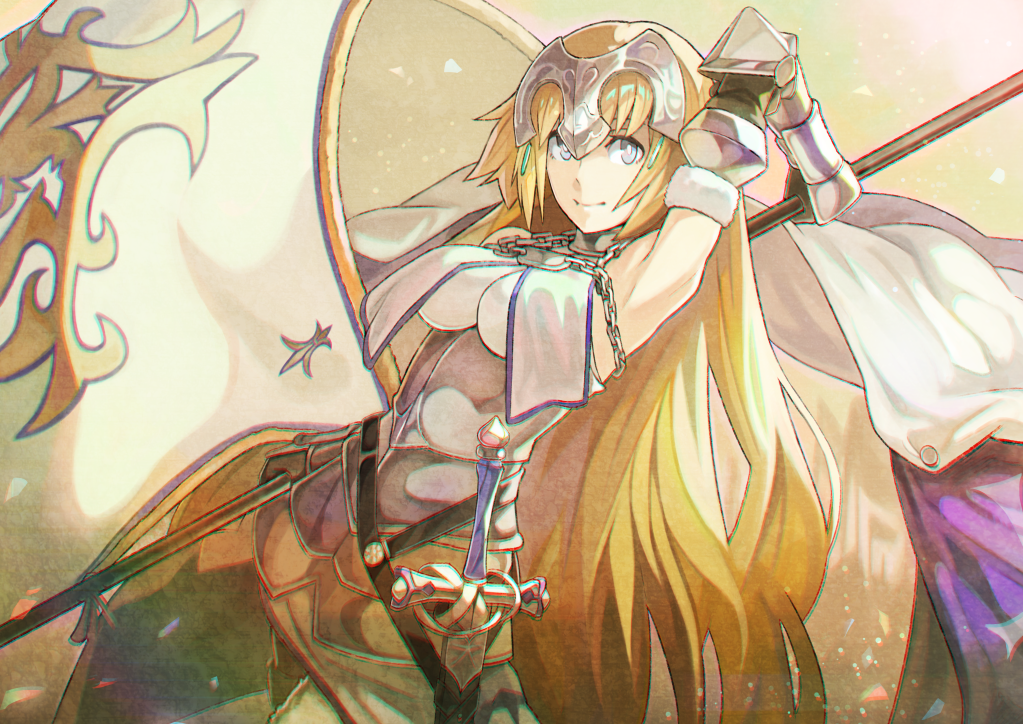 alternate_costume armor armored_dress blonde_hair blue_eyes braid breasts fate/apocrypha fate/grand_order fate_(series) flag gauntlets headpiece jeanne_d'arc_(fate) jeanne_d'arc_(fate)_(all) long_hair medium_breasts rano single_braid smile solo very_long_hair