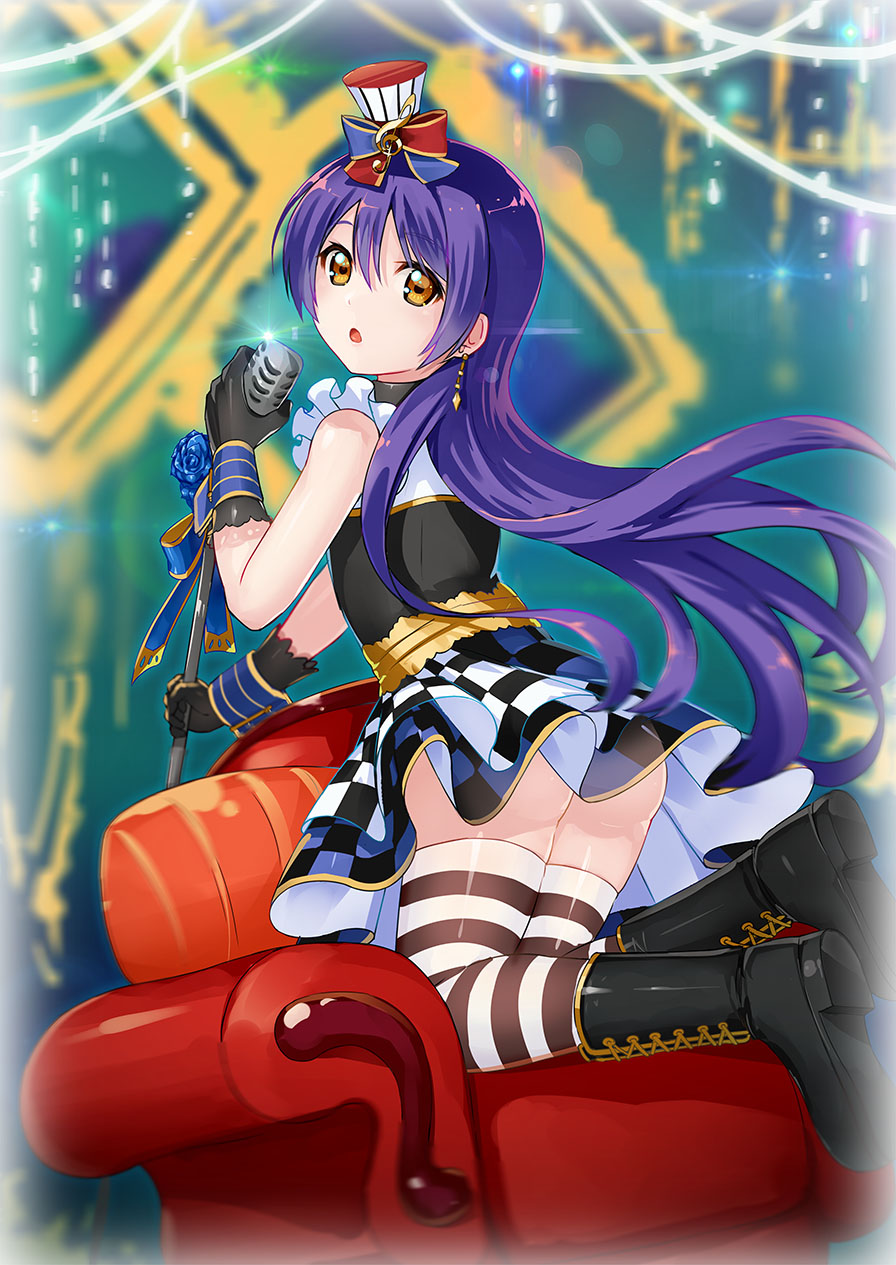 :o armchair ass black_gloves black_hair boots cafe_maid chair cross-laced_footwear earrings from_behind gloves hat highres jewelry long_hair love_live! love_live!_school_idol_project microphone microphone_stand mini_hat mini_top_hat open_mouth shirona002 solo sonoda_umi striped striped_legwear thighhighs top_hat yellow_eyes zettai_ryouiki