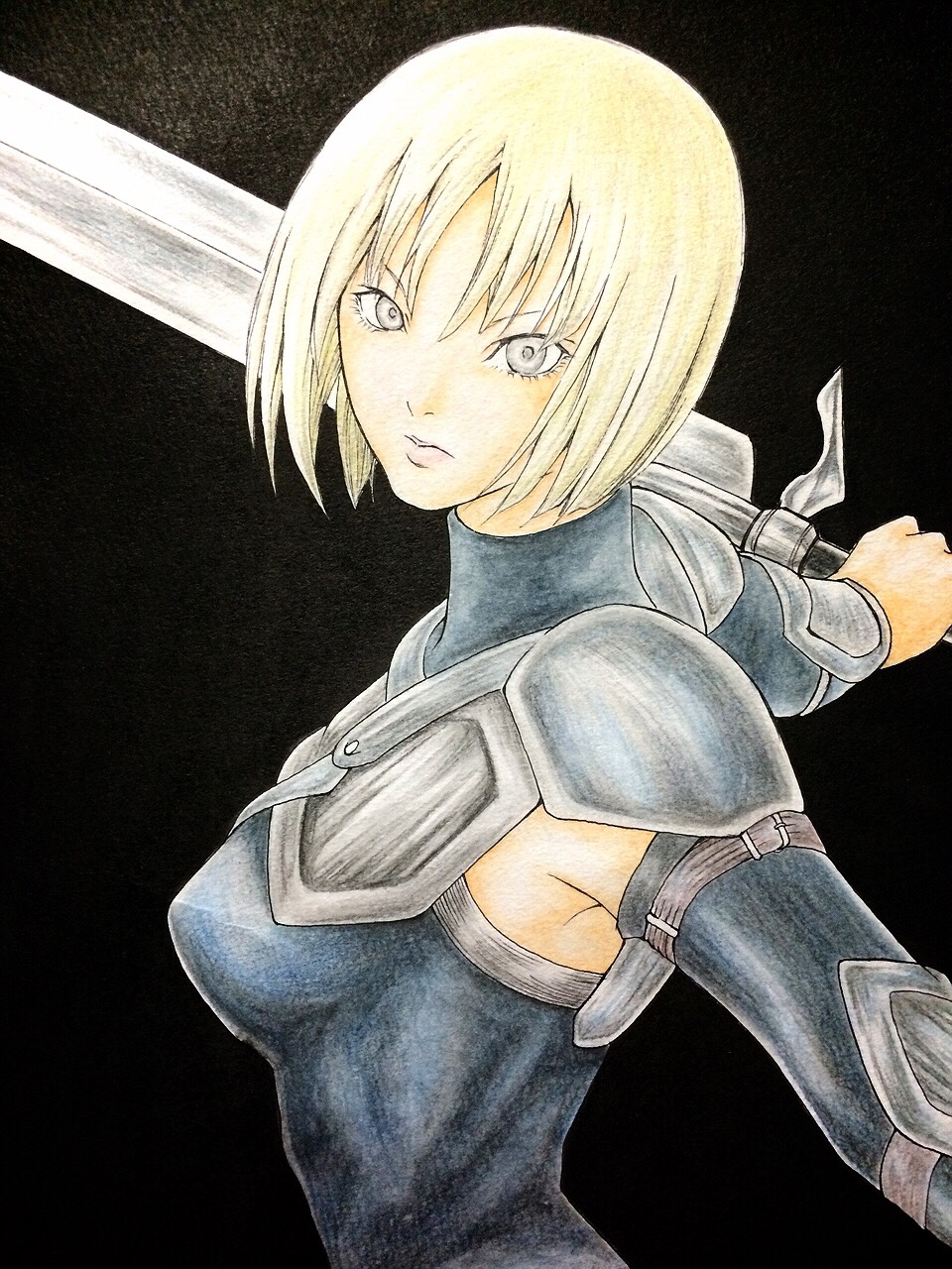 armor armpits black_background blonde_hair buckle clare_(claymore) claymore claymore_(sword) colored_pencil_(medium) highres leather mugi-moon pauldrons short_hair silver_eyes solo sword traditional_media weapon