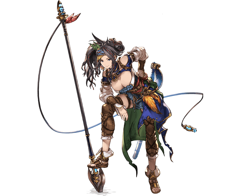 belt black_hair breasts cleavage feathers full_body granblue_fantasy large_breasts leaf long_hair minaba_hideo official_art older polearm purple_eyes sig_(granblue_fantasy) smile solo spear transparent_background weapon