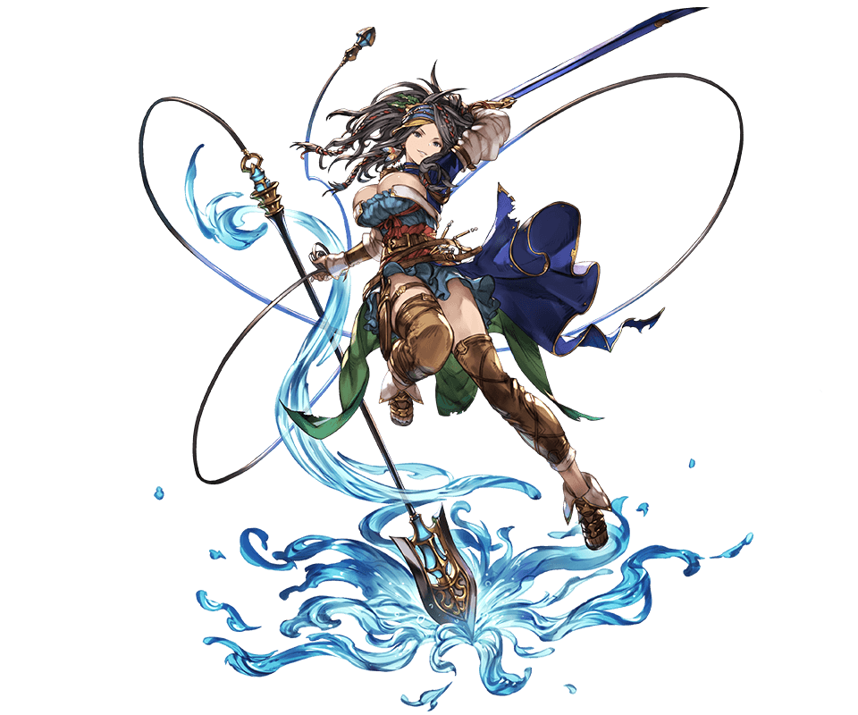 belt black_hair breasts cleavage feathers full_body granblue_fantasy large_breasts leaf long_hair minaba_hideo official_art older polearm purple_eyes sig_(granblue_fantasy) smile solo spear transparent_background water weapon