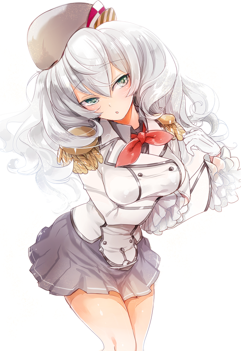 alternate_hairstyle anchor bangs beret blush breast_hold breasts chestnut_mouth double-breasted epaulettes eyebrows eyebrows_visible_through_hair frilled_sleeves frills fujisaka_kuuki gloves hair_between_eyes hair_down hat kantai_collection kashima_(kantai_collection) kerchief large_breasts long_hair long_sleeves miniskirt red_ribbon ribbon silver_eyes silver_hair simple_background skirt solo striped wavy_hair white_background white_gloves