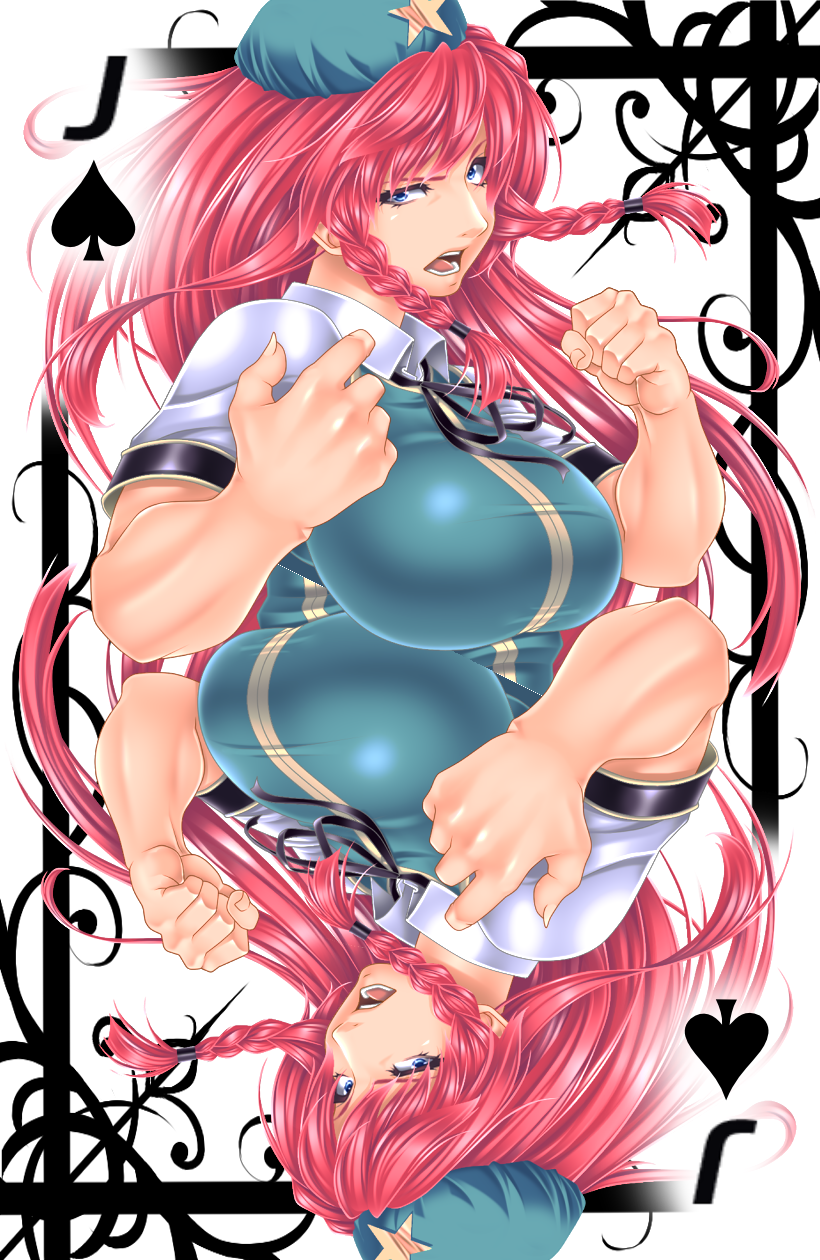blue_eyes braid breasts card card_(medium) clenched_hand fighting_stance hat highres hong_meiling large_breasts long_hair looking_at_viewer open_mouth playing_card red_hair solo spade_(shape) star touhou twin_braids yoiti