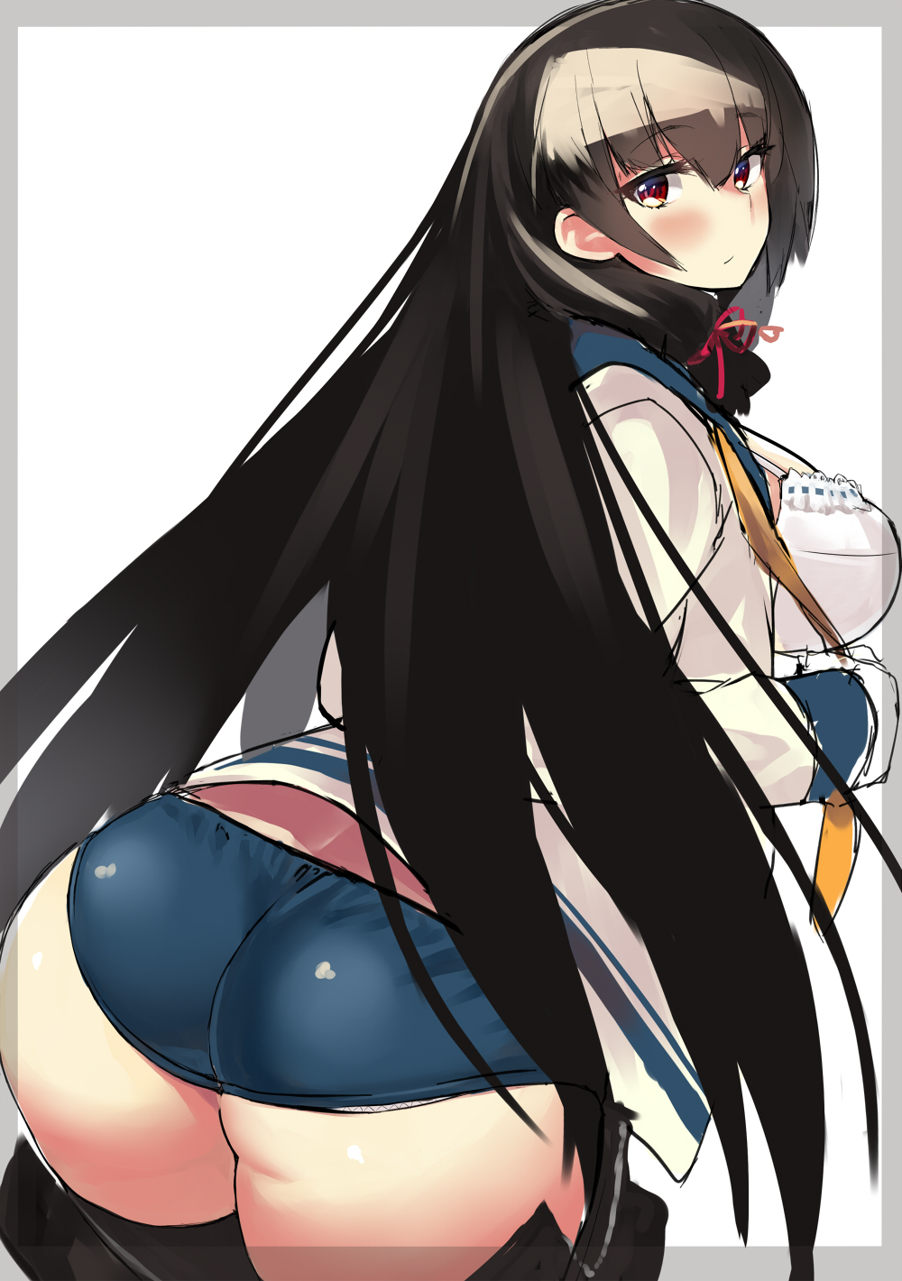 ass black_hair bra breasts buruma highres isokaze_(kantai_collection) kantai_collection large_breasts long_hair open_clothes open_shirt red_eyes school_uniform serafuku shirt solo takamura_wamu thighhighs underwear very_long_hair