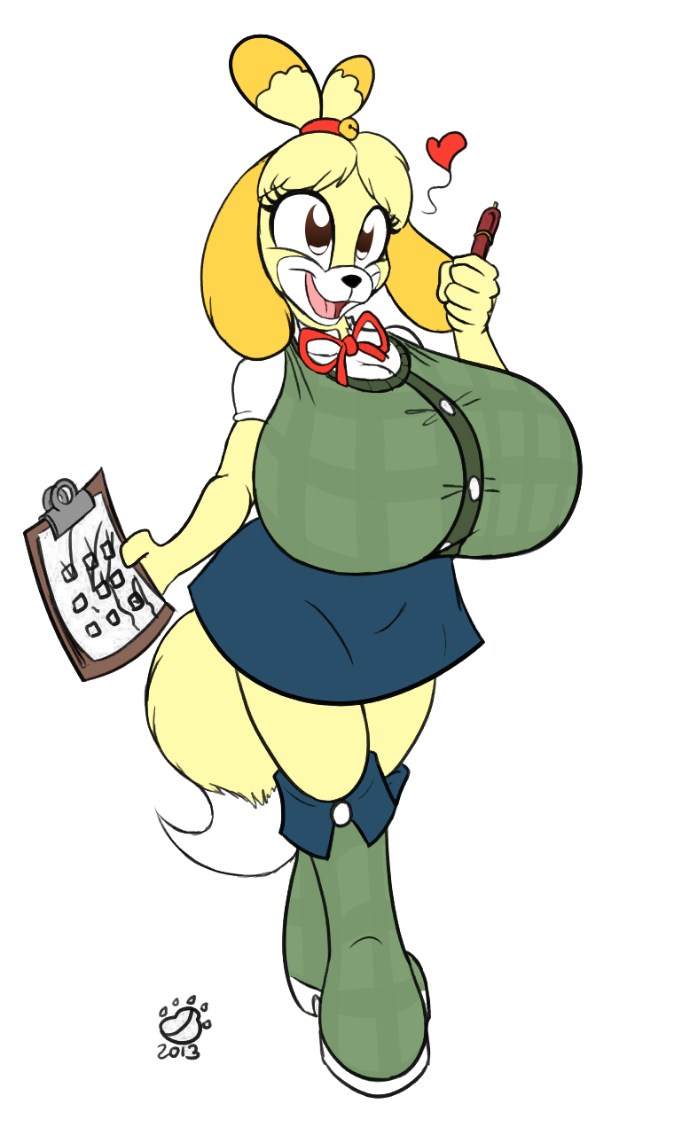 animal_crossing anthro badgerben big_breasts boots breasts canine clipboard clothed clothing edit female footwear huge_breasts isabelle_(animal_crossing) mammal nintendo pen simple_background skullman777 solo solo_female video_games voluptuous white_background