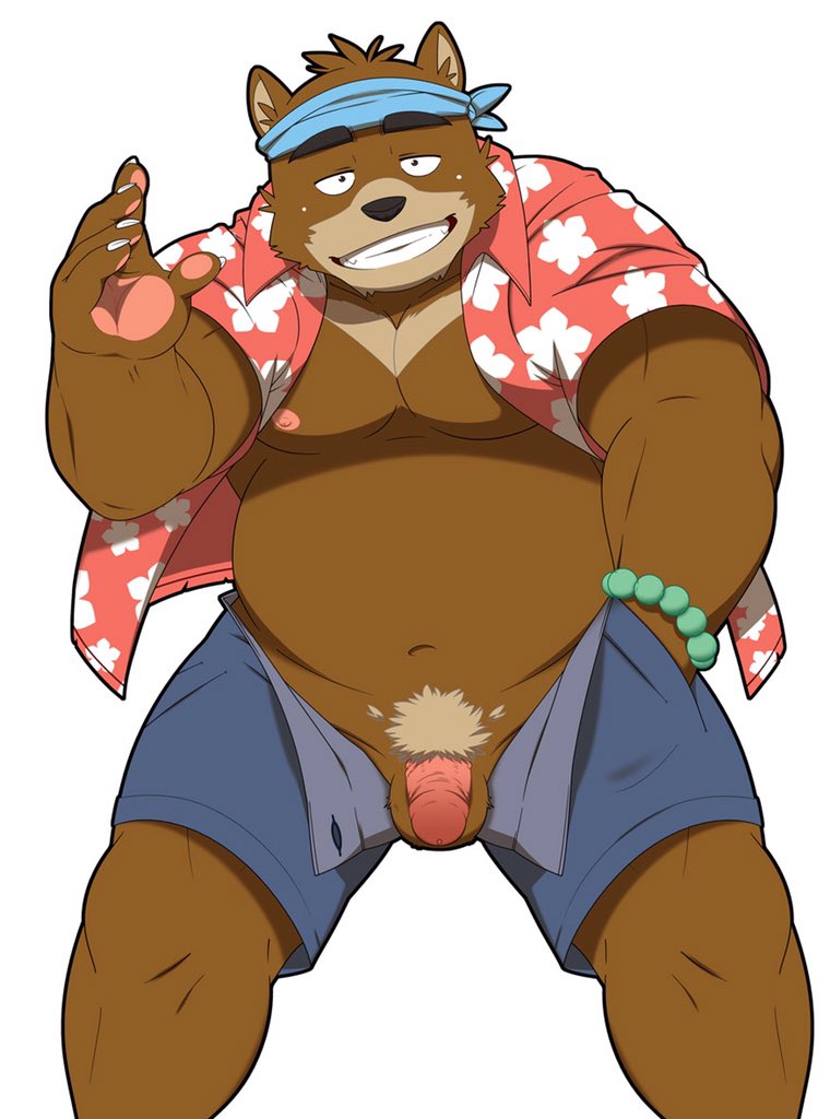 balls bear clothing colored flaccid kenji_mikazuki looking_at_viewer male mammal morenatsu open_pants open_shirt pants penis shirt shorts simple_background solo teasing whinge white_background