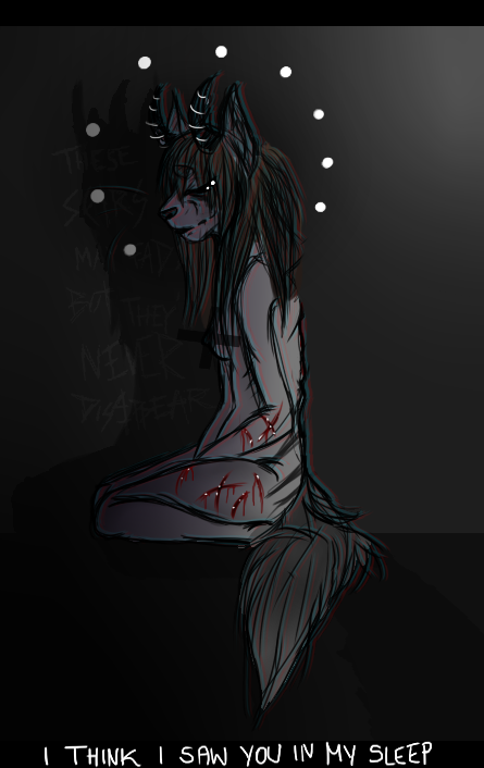2015 anorexia anthro blood breasts crying depression english_text feline female fluffy fur glitch gore hair horn lion mammal nipples nude sad selfharm simple_background skinny slim solo tears text
