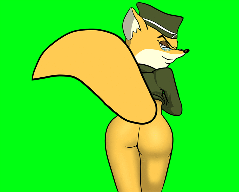 animated anthro better_version_at_source butt canine clothing eyewear female fluffy_tail fox glasses green_background looking_back lt._fox_vixen mammal metalslayer military_uniform simple_background smile solo squirrel_and_hedgehog tailwag underwear uniform