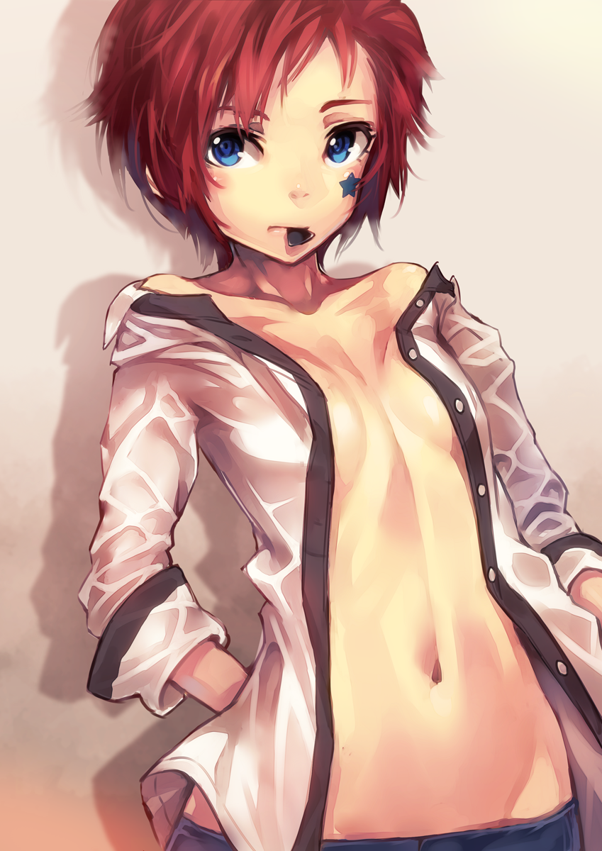 bad_id bad_pixiv_id blue_eyes breasts highres idolmaster idolmaster_million_live! julia_(idolmaster) looking_at_viewer mouth_hold narumi_arata navel no_bra open_clothes open_shirt plectrum red_hair shirt short_hair small_breasts solo star