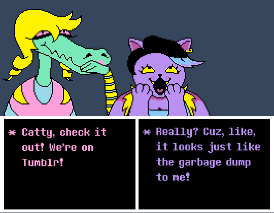 alligator animated blonde_hair bratty_(undertale) cat catty_(undertale) duo english_text fangs feline female hair mammal reptile scalie text undertale video_games