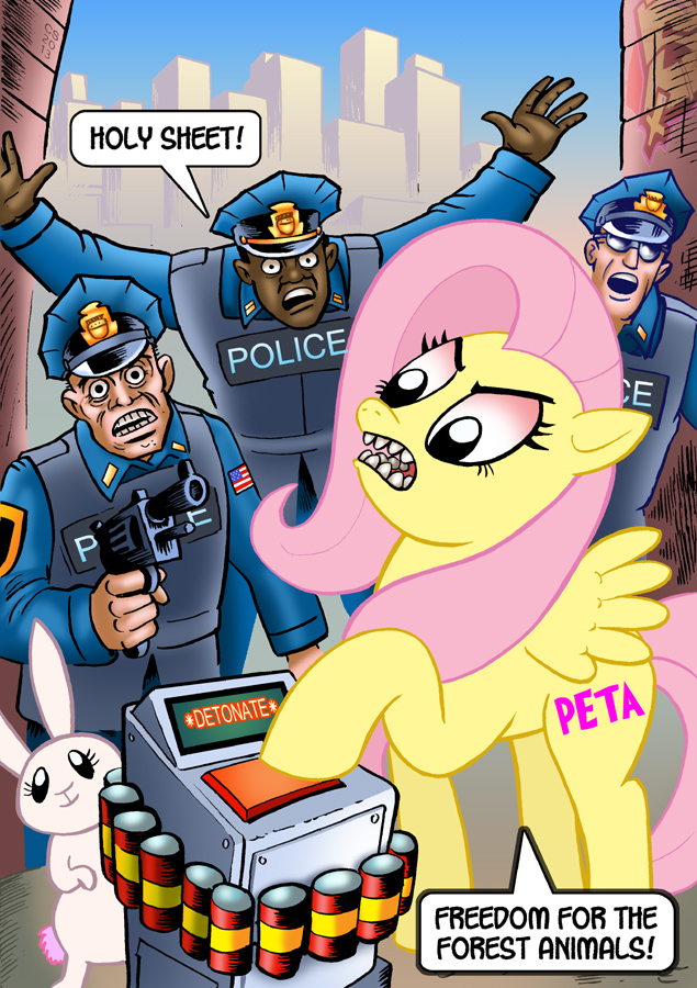 ! 2013 angel_bunny angry badge black_eyes bomb city clothed clothing cops curtsibling cutie_mark d: detailed_background digital_media_(artwork) english_text equine explosives eyebrows eyelashes eyewear female fluttershy_(mlp) friendship_is_magic fur glasses group gun hair handgun hat horse human looking_down male mammal my_little_pony open_mouth outside pegasus peta pink_hair pistol police pony ranged_weapon revolver scared smile speech_bubble stars_and_stripes teeth text uniform united_states_of_america vest watermark weapon white_fur white_sclera wings yellow_fur