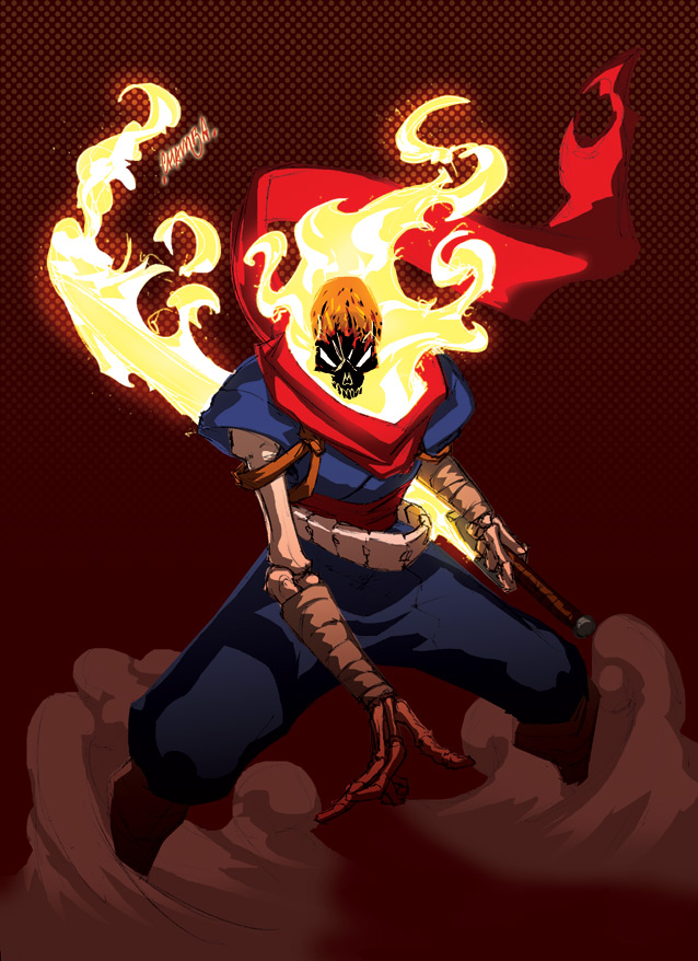 crossover epic fire fusion ghost_rider jeffrey_cruz male_focus marvel ninja pun scarf sheath sheathed skeleton skull smoke solo strider_(video_game) strider_hiryuu sword weapon