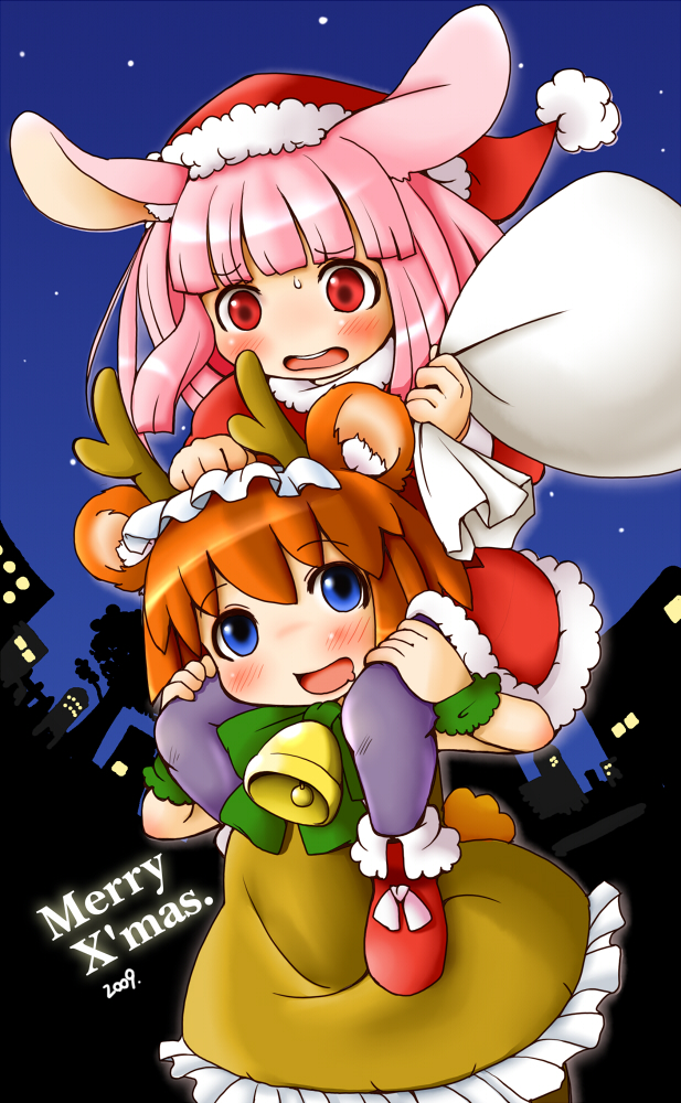 animal_ears bear_ears bear_girl bell blue_eyes blush brown_hair bunny_ears christmas hat kuma-tan kumatanchi long_hair multiple_girls pantyhose pink_hair rabi-tan red_eyes santa_costume santa_hat setouchi_kurage short_hair