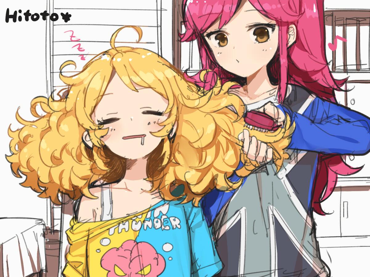2girls ahoge aikatsu! aikatsu!_(series) bed blonde_hair bra_strap brown_eyes commentary_request curly_hair drooling eighth_note eyes_closed hair_brush hair_brushing hair_down hitoto indoors long_hair messy_hair multiple_girls musical_note off_shoulder open_mouth otoshiro_seira partially_colored red_hair room saegusa_kii shelf shirt sketch sleepy t-shirt unfinished upper_body whistling zzz