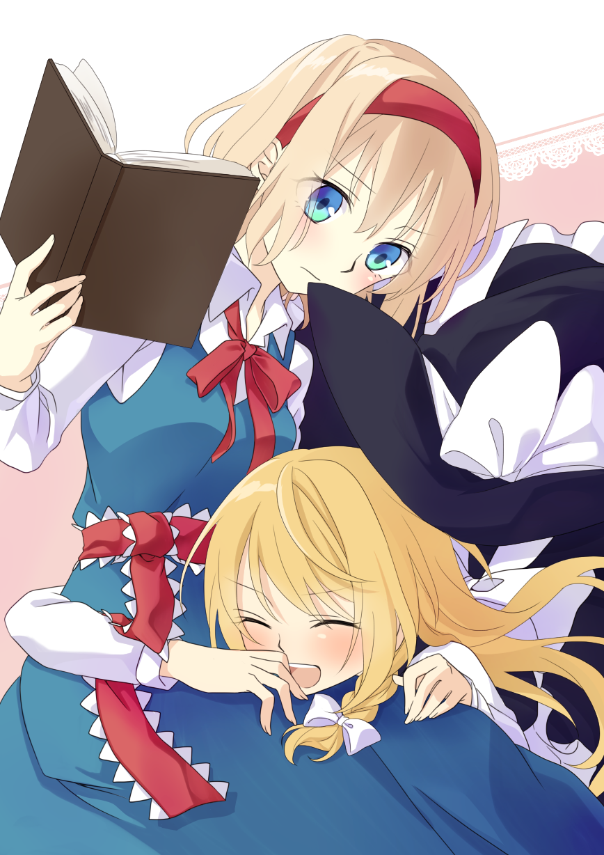 :d ^_^ alice_margatroid blonde_hair blue_eyes blush book braid closed_eyes commentary_request dress dress_shirt frown hair_ribbon hairband hat highres hug kirisame_marisa lap_pillow long_hair multiple_girls open_mouth ribbon sash shirt short_hair single_braid smile teeth touhou tress_ribbon tsuno_no_hito witch_hat yuri