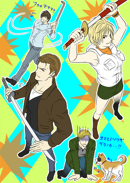 3boys black_hair blonde_hair brown_hair crossover dog harry_mason heather_mason henry_townshend james_sunderland katana lead_pipe multiple_boys short_hair silent_hill silent_hill_1 silent_hill_2 silent_hill_3 silent_hill_4 skirt sleeveless sword tachibana_subaru vest weapon white_background wristband