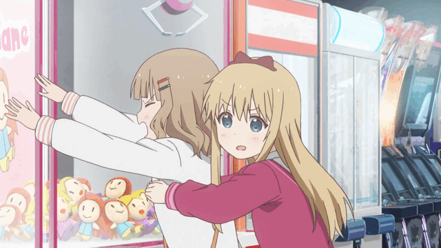 animated animated_gif arcade arcade_cabinet bangs blonde_hair blue_eyes blunt_bangs bow brown_hair casual closed_eyes crane_game doll flat_chest flat_chest_grab from_side grabbing grabbing_from_behind groping hair_bow hair_ornament hairclip long_hair long_sleeves looking_at_viewer looking_to_the_side multiple_girls non-web_source oomuro_sakurako open_mouth outstretched_arms rubbing sweatshirt talking toshinou_kyouko trembling yuru_yuri