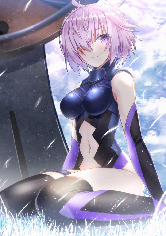 ahoge armor arms_at_sides bangs bare_shoulders black_legwear black_leotard blurry bokeh breasts closed_mouth cloud cloudy_sky day depth_of_field elbow_gloves eyebrows_visible_through_hair fallstreak_hole fate/grand_order fate_(series) from_side full_body gloves grass groin hair_over_one_eye halterneck hips impossible_clothes impossible_leotard leotard light_smile looking_at_viewer looking_to_the_side mash_kyrielight md5_mismatch medium_breasts navel navel_cutout on_ground outdoors petals purple_eyes purple_gloves senoo_aoi shield short_hair silver_hair sitting skin_tight sky smile solo stomach thigh_strap thighhighs thighs turtleneck wariza