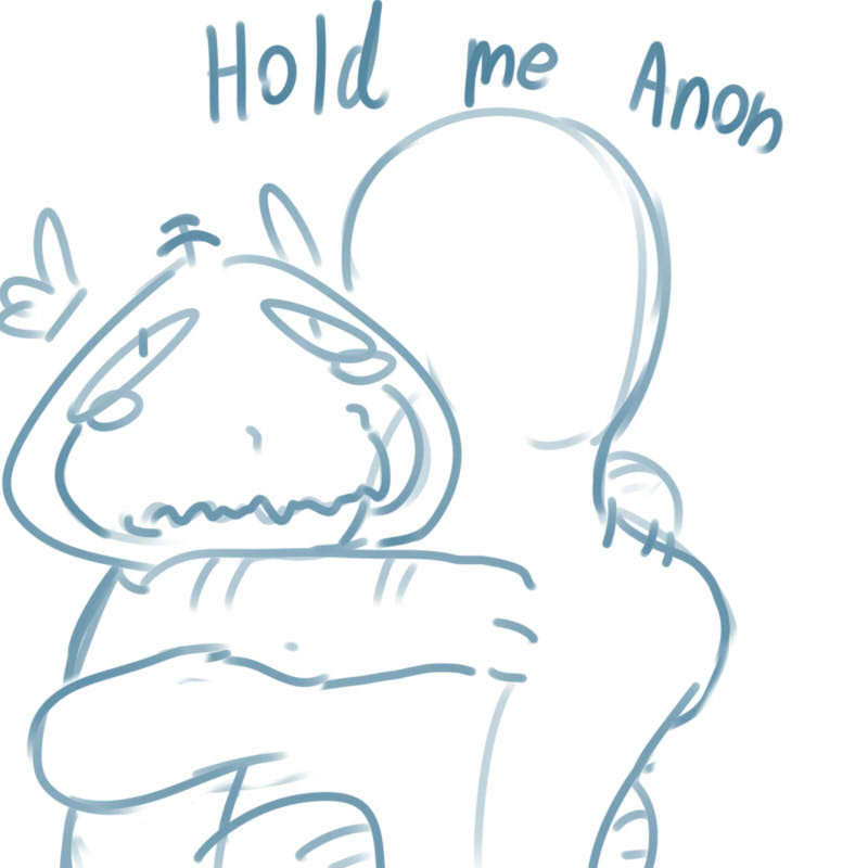 affection anon crying cuddling english_text fishboner_(artist) fishboner_(character) hug human mammal monster simple_background sketch tears text white_background