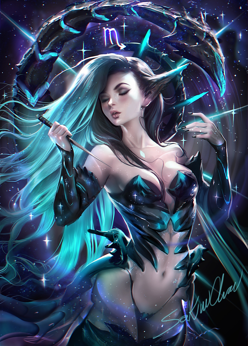 artist_name banned_artist bare_shoulders black_hair black_nails blue_hair bodysuit breasts cleavage closed_eyes commentary cowboy_shot dagger detached_sleeves highres holding holding_weapon horoscope lips long_hair long_sleeves medium_breasts multicolored_hair nail_polish navel original parted_lips pointy_ears sakimichan scorpion scorpion_girl scorpion_tail signature solo standing stomach tail two-tone_hair very_long_hair weapon zodiac