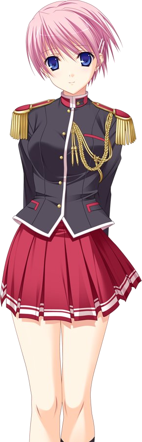 arms_behind_back blue_eyes kisaki_mio looking_at_viewer pink_hair pleated_skirt red_skirt short_hair skirt smile solo transparent_background walkure_romanze