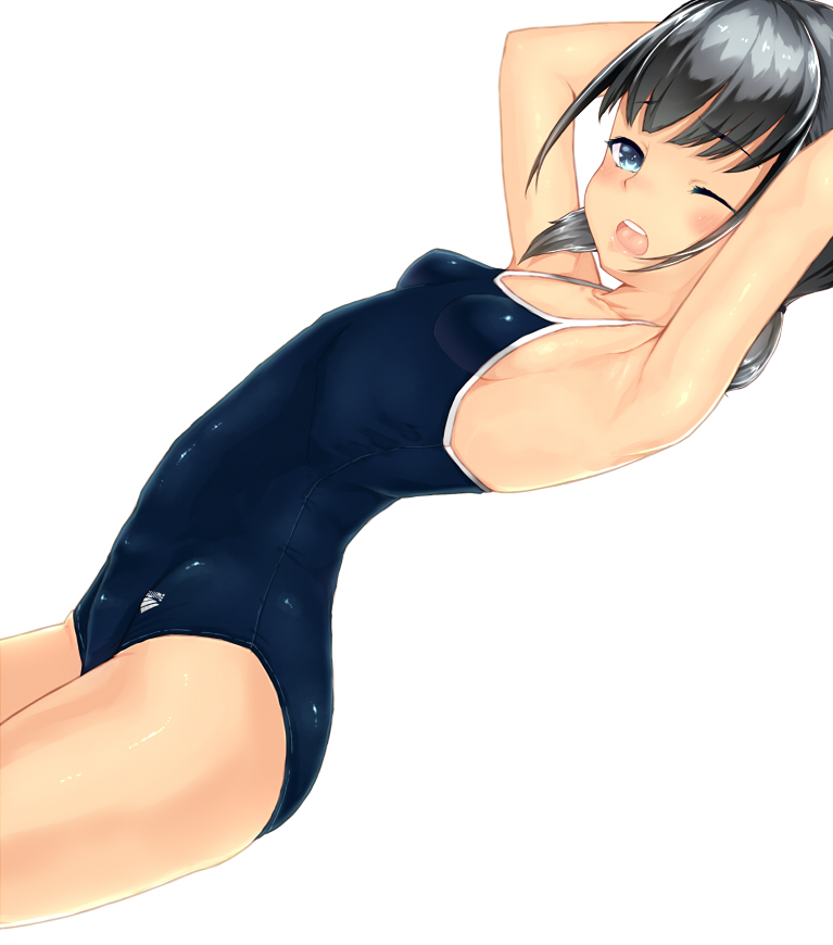 ;o armpits arms_up bangs bare_arms black_hair blue_eyes blunt_bangs blush breasts competition_school_swimsuit competition_swimsuit from_side kabocha_head looking_at_viewer one-piece_swimsuit one_eye_closed open_mouth original school_swimsuit short_hair sideboob simple_background skin_tight small_breasts solo swimsuit white_background