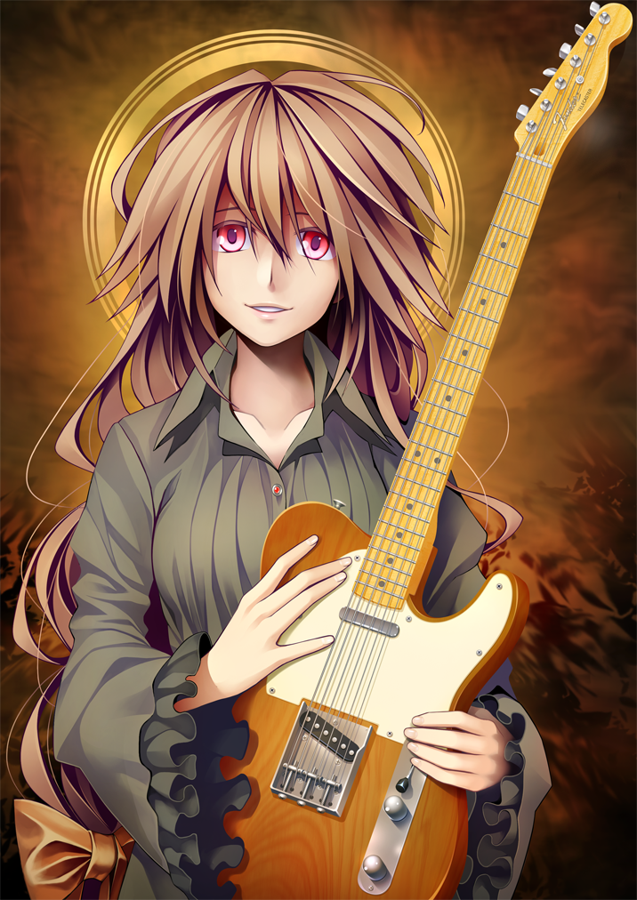 440 brown_hair dress electric_guitar guitar halo instrument long_hair looking_at_viewer low-tied_long_hair original red_eyes smile solo telecaster