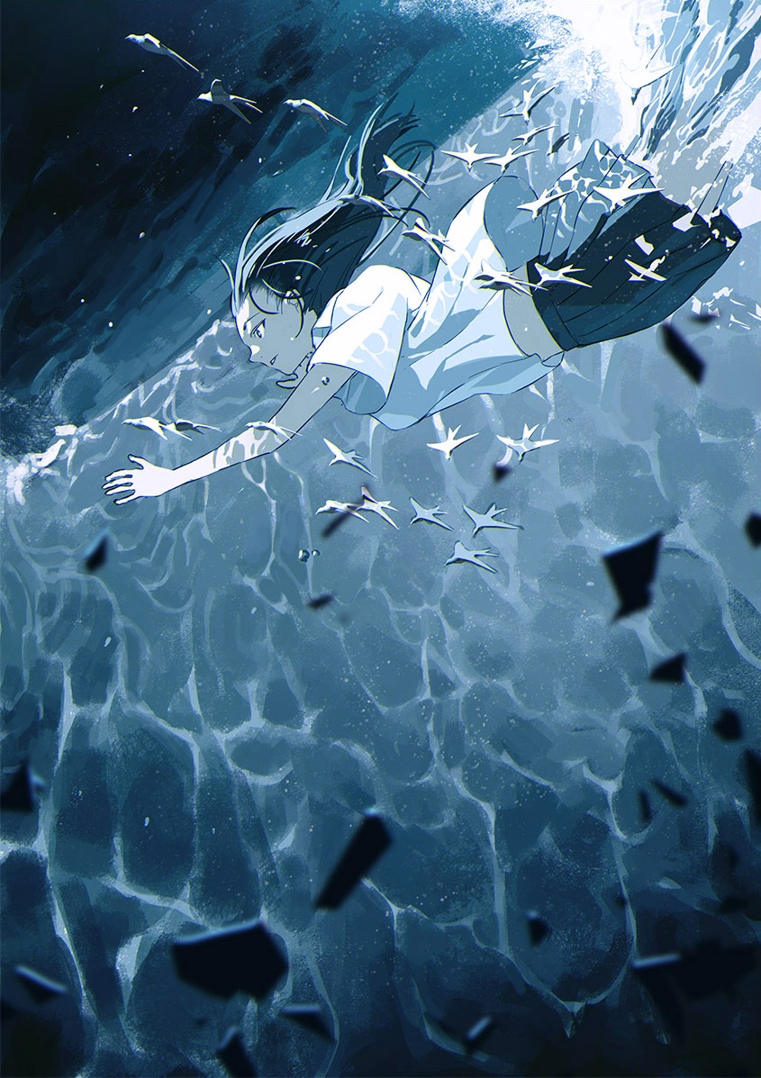 air_bubble banned_artist blue bubble caustics diving freediving hair_slicked_back long_hair original pleated_skirt shirt short_sleeves skirt solo starfish sumiobunnya underwater underwear waves white_shirt