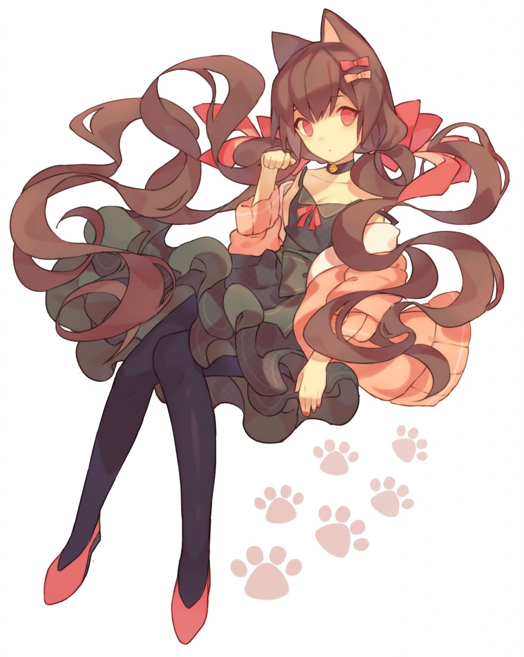 animal_ears bare_shoulders black_legwear brown_hair cardigan cat choker dress full_body hair_ornament hair_ribbon hairclip highres long_hair low_twintails original paw_pose paw_print red_eyes red_footwear ribbon shoes short_dress simple_background solo twintails white_background yasiromann