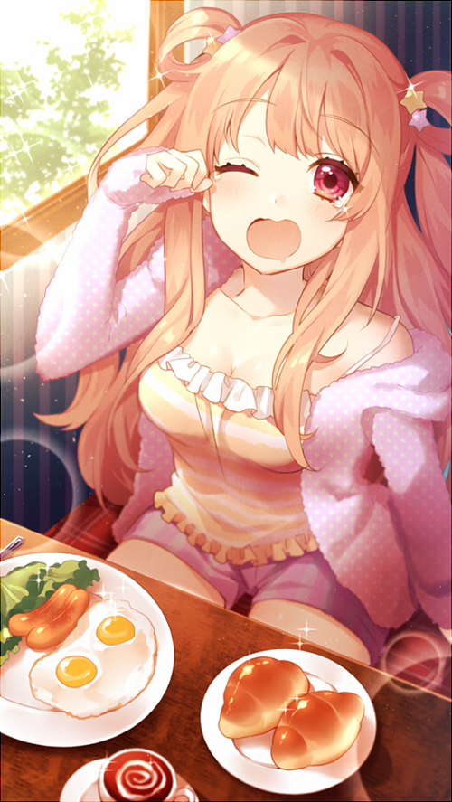 ;o bare_shoulders blush breasts cleavage collarbone croissant crying food hair_ornament horizontal_stripes jacket kashiwazaki_hatsune light_rays long_sleeves looking_at_viewer loungewear medium_breasts one_eye_closed open_mouth orange_hair plate polka_dot princess_connect! red_eyes rubbing_eyes sakura_yuki_(clochette) salad sausage shirt shorts sitting solo sparkle star star_hair_ornament striped two_side_up vertical_stripes window