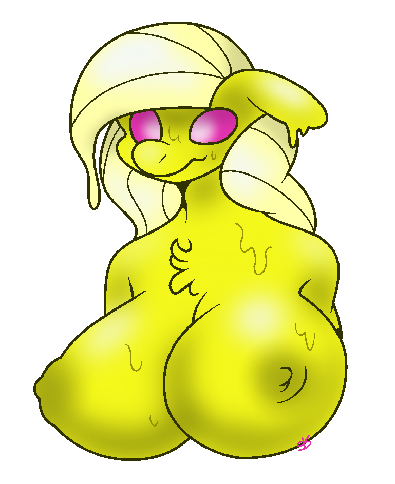 anthro big_breasts blonde_hair breasts bust_(disambiguation) fan_character female goo_body grin hair mlp_oc my_little_pony nipples pink_eyes razzlespup yellow_goo