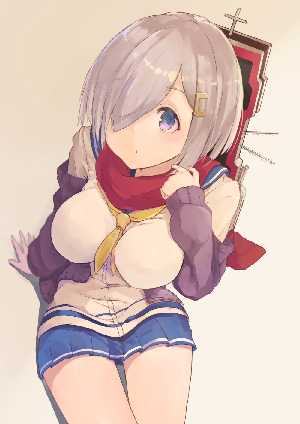 blue_eyes breasts cardigan hair_ornament hair_over_one_eye hairclip hamakaze_(kantai_collection) highres kantai_collection kikkaiki large_breasts looking_at_viewer machinery pleated_skirt red_scarf scarf school_uniform serafuku short_hair silver_hair simple_background sitting skirt solo