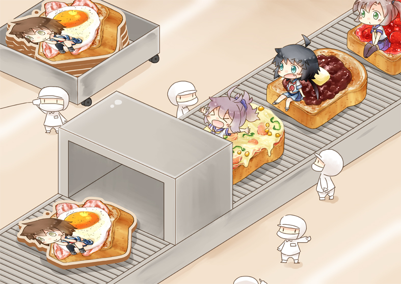 ^_^ animal_ears anko_(food) antenna_hair aoba_(kantai_collection) aqua_eyes arms_up bacon black_hair black_legwear blush brown_hair chibi closed_eyes commentary_request conveyor_belt egg empty_eyes excited factory fang flattened food food_request fried_egg furutaka_(kantai_collection) green_eyes grey_hair hair_ornament hairclip headgear hinata_yuu hood kako_(kantai_collection) kantai_collection kinugasa_(kantai_collection) long_hair low_ponytail mask multiple_girls open_mouth oversized_object pleated_skirt purple_hair school_uniform serafuku short_hair short_sleeves single_thighhigh sitting sitting_on_food skirt slice_of_bread string_phone sunny_side_up_egg thighhighs toast uniform