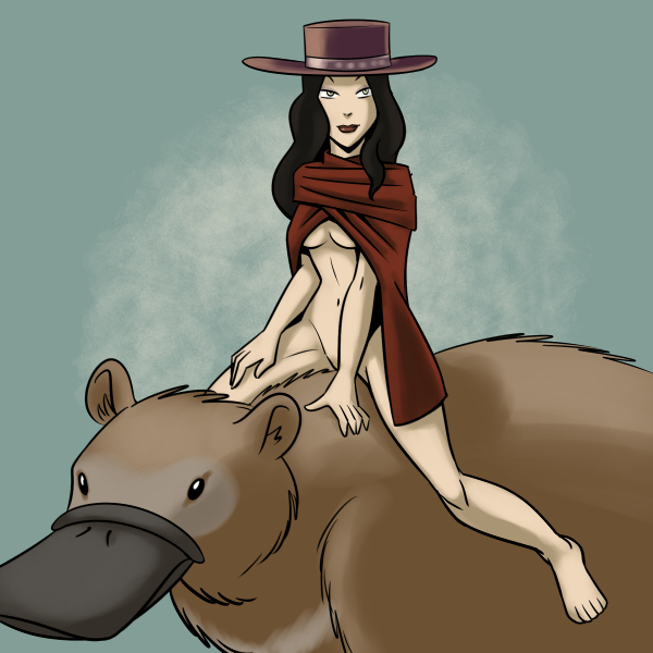 2014 asami_sato bear black_hair breasts cape carelessdoodler clothing convenient_censorship duo female hair hat human hybrid inner_ear_fluff looking_at_viewer mammal monotreme nude platypus simple_background spread_legs spreading straddling the_legend_of_korra under_boob