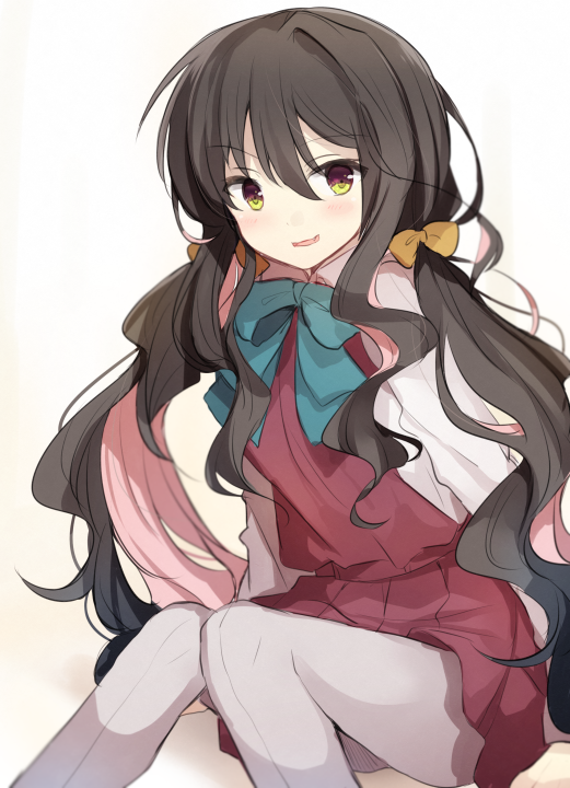 alternate_hairstyle black_hair hiiragi_souren kantai_collection long_hair looking_at_viewer multicolored_hair naganami_(kantai_collection) open_mouth pantyhose pink_hair smile solo twintails uniform yellow_eyes