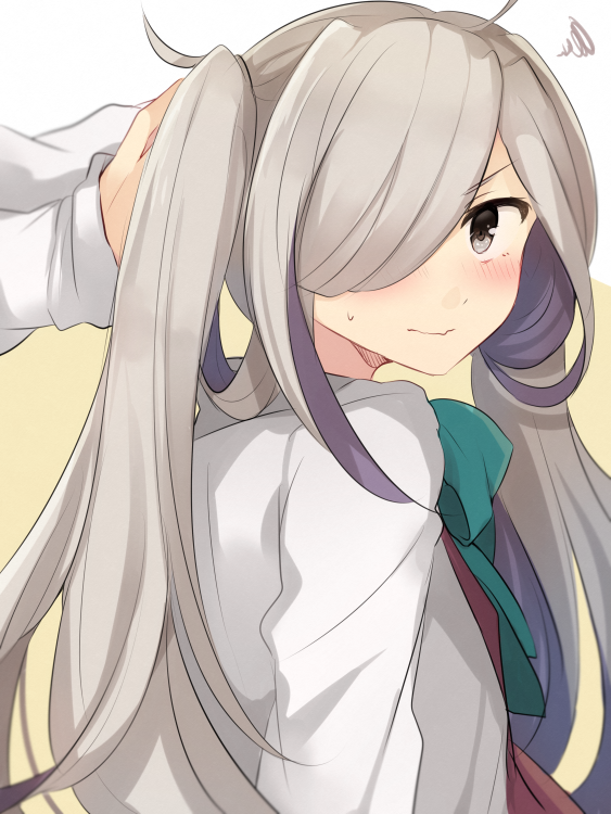 adjusting_hair alternate_hairstyle asashimo_(kantai_collection) blush grey_eyes hair_over_one_eye hiiragi_souren kantai_collection long_hair out_of_frame silver_hair solo_focus twintails tying_hair