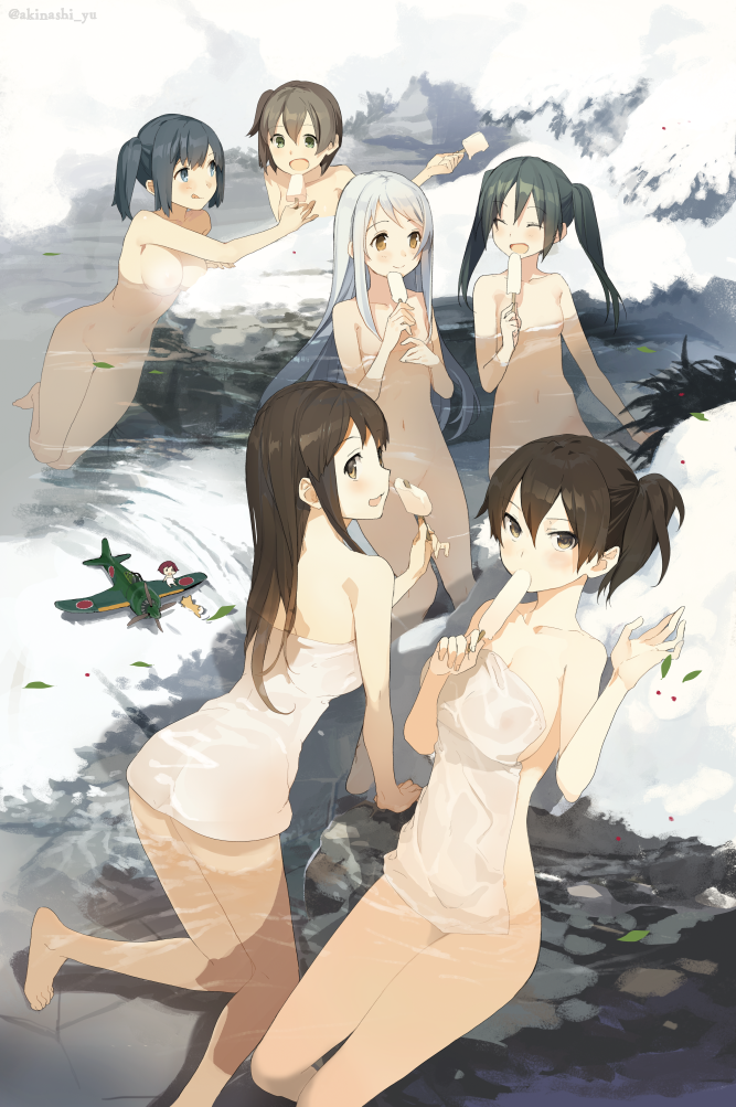 :d :q aircraft airplane akagi_(kantai_collection) akinashi_yuu animal ass barefoot black_hair blue_eyes breasts brown_eyes brown_hair cleavage closed_eyes convenient_censoring covering dog fairy_(kantai_collection) food green_eyes groin hiryuu_(kantai_collection) kaga_(kantai_collection) kantai_collection kneeling leaf long_hair looking_at_viewer medium_breasts multiple_girls naked_towel nipples nude nude_cover onsen open_mouth partially_submerged popsicle reppuu_(kantai_collection) short_hair shoukaku_(kantai_collection) side_ponytail silver_hair sitting small_breasts smile snow snow_bunny souryuu_(kantai_collection) tongue tongue_out towel twintails twitter_username zuikaku_(kantai_collection)