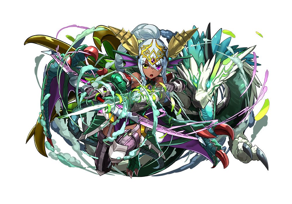 armor arrow artist_request bow braid breasts dragon dragon_girl dragon_tail green_sonia_(p&amp;d) head_fins holding holding_weapon horns leaf long_hair medium_breasts official_art open_mouth ponytail purple_eyes puzzle_&amp;_dragons single_braid solo_focus tail threedia weapon white_hair wings yellow_eyes